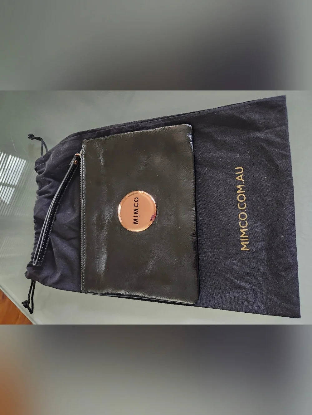 Mimco Black Patent Leather Wristlet with Rose Gold Logo Disc And Dustbag Lux New